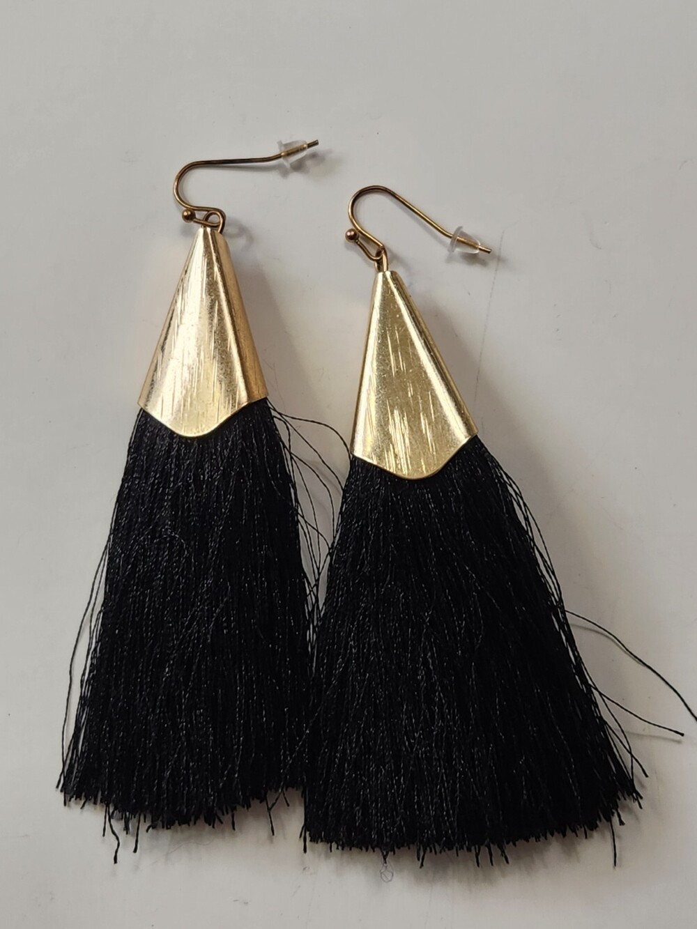 Textured Goldtone Cone Statement Earrings Long Black Silky Tassels Morrocco Bali